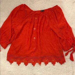 Unique Spectrum Vibrant Red Blouse with Crochet Trim